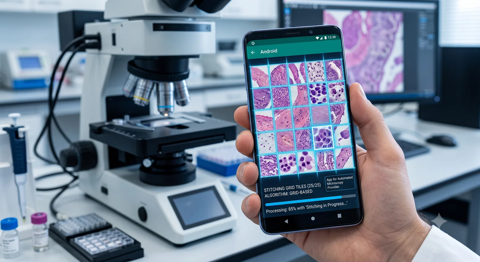 Grid-based image stitching for microscopy on mobile + desktop
