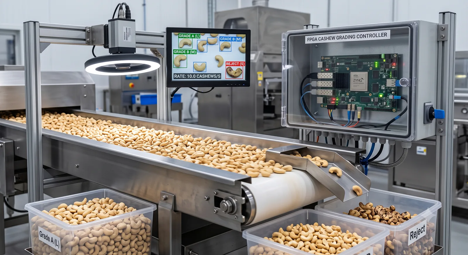 FPGA-based cashew grading — 10 cashews/sec automated